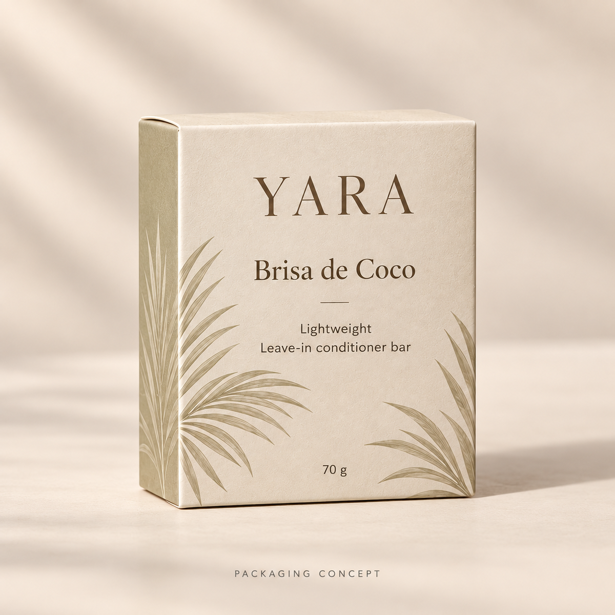 YARA packaging concept mockup — brisa de coco