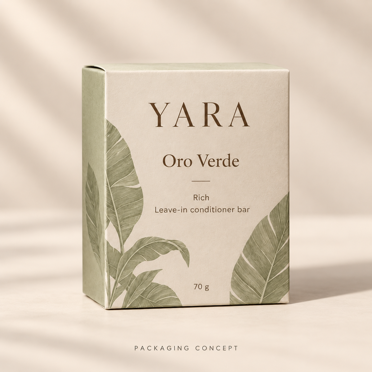 YARA packaging concept mockup — oro verde